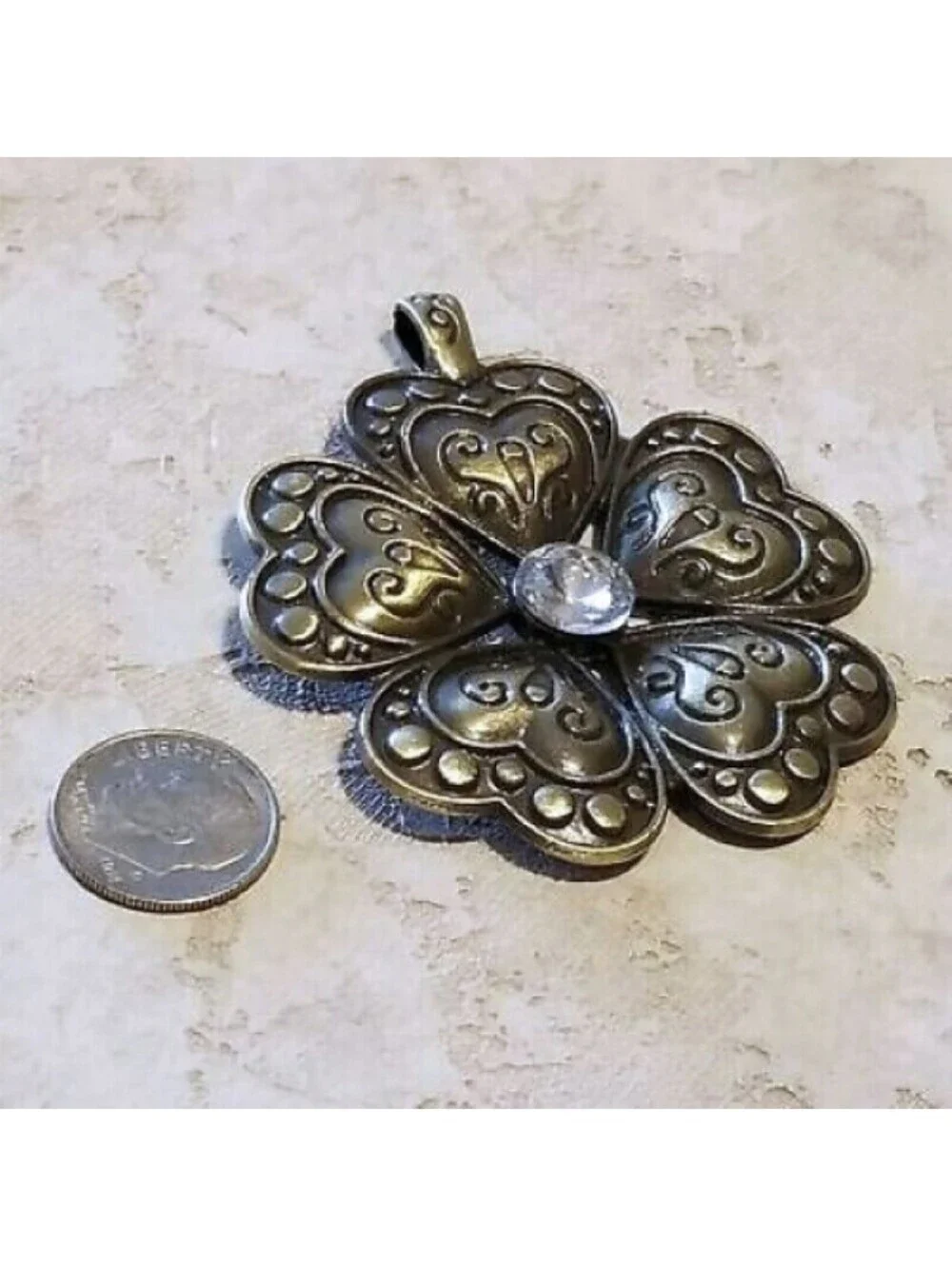 Art Deco Carved Heart Flower Statement Pendant Antiqued Brass Rhinestone 65mm